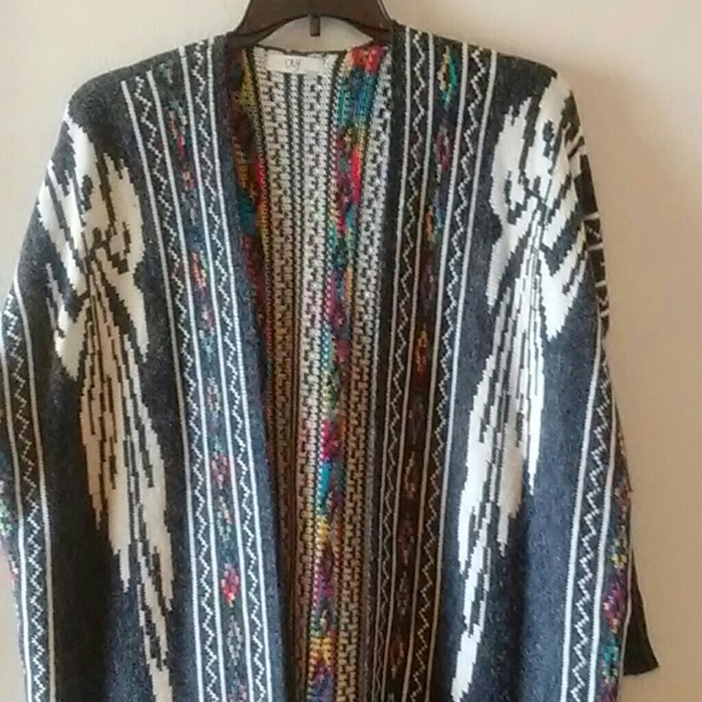 Boho Open-Front Multicolor Patterned Cardigan Sweater - Gray & White